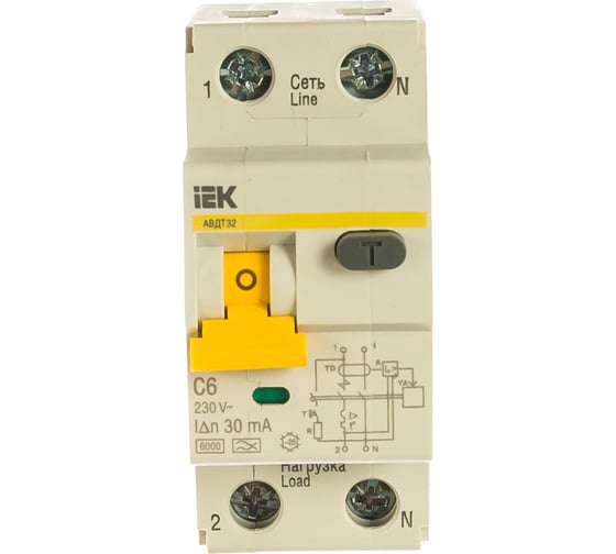 Автоматический дифференциальный выключатель тока IEK 1п+N 2мод. C 6A 30mA тип A 6kA АВДТ-32 ИЭК MAD22-5-006-C-30