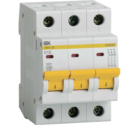 Автоматический трехполюсный выключатель IEK ВА47-29 10А D 4.5кА 9691623