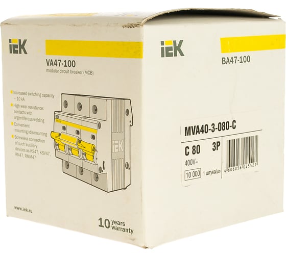 Автоматический модульный выключатель IEK 3п C 80А ВА 47-100 10кА ИЭК MVA40-3-080-C
