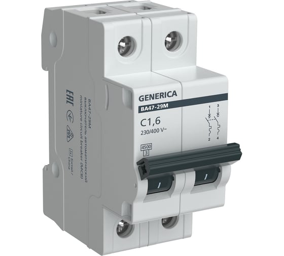 Автоматический выключатель GENERICA ва47-29м 2p 1,6а 4,5ка c MVA21-2-D16-C-G 1