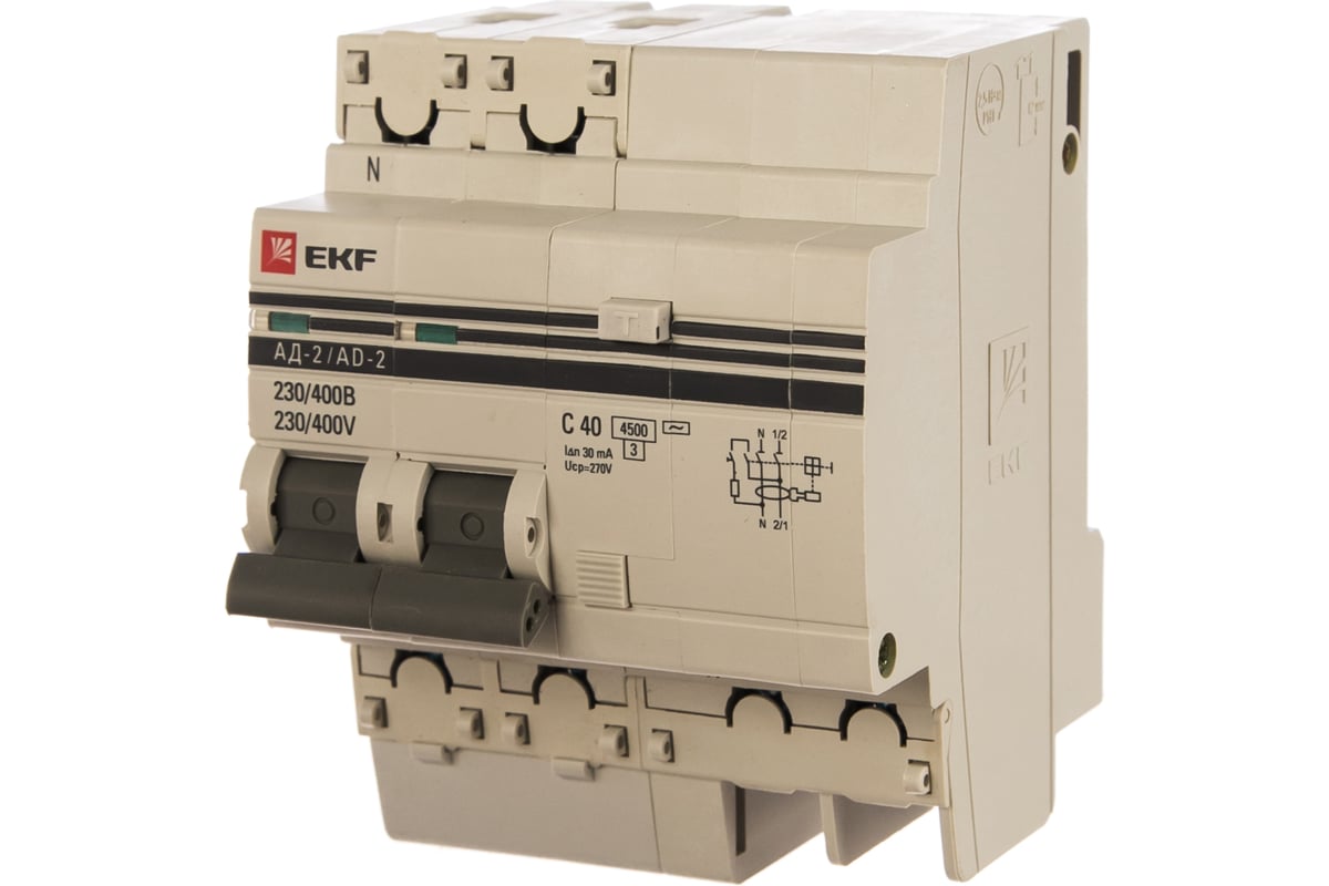 Автоматический дифференциальный выключатель EKF АД-2 2п 40А 30мА С ...