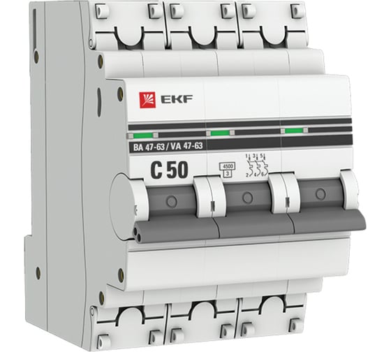 Автоматический выключатель EKF 3P 50А (С) ВА 47-63 4.5кА PROxima mcb4763-3-50C-pro