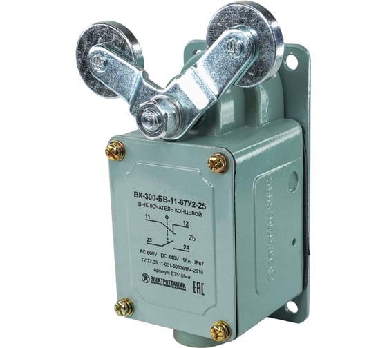 Путевой выключатель Электротехник Вк-300-бв-11-67у2-25, v-образный рычаг с роликом на каждом плече, с сальником, ступень 2- 51мм, ip67/ ET515949 1