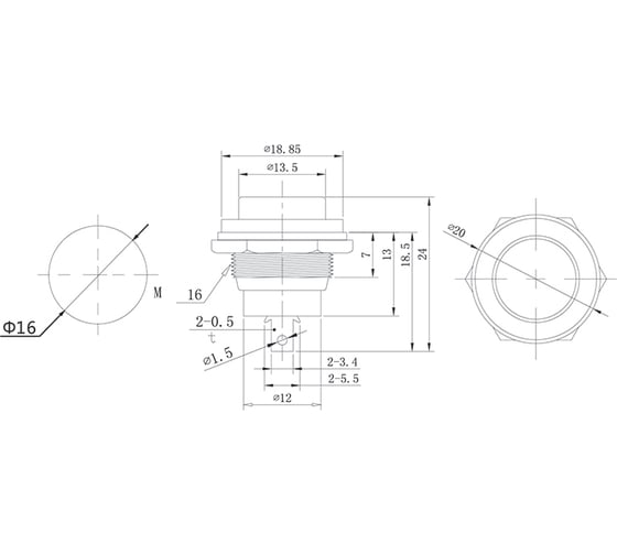 Выключатель-кнопка REXANT металл 250v 2а (2с) off-(on) d16.2 белая (rwd-306) (10шт) 36-3355