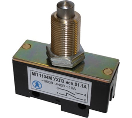 Микровыключатель Электротехник Мп 1104м ухл3 исп.01.1а, 2-х пол., 10а, 660в, 1з и 1р, ip00, толкатель сферический, фронтальный гайками, винт ET523363