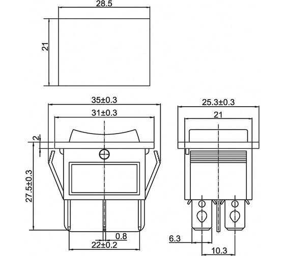 Клавишный выключатель REXANT 250V 15А (6с) ON-OFF-ON черный с нейтралью (RWB-508, SC-767) 36-2370-1