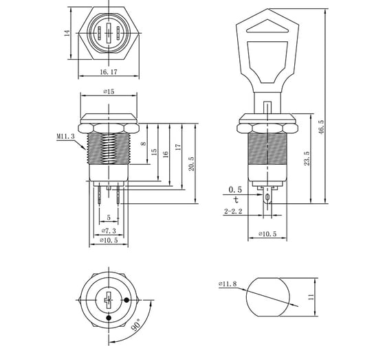 Выключатель ключ REXANT d12 250V 0.5А (2с) ON-OFF (K12-01) 36-4470