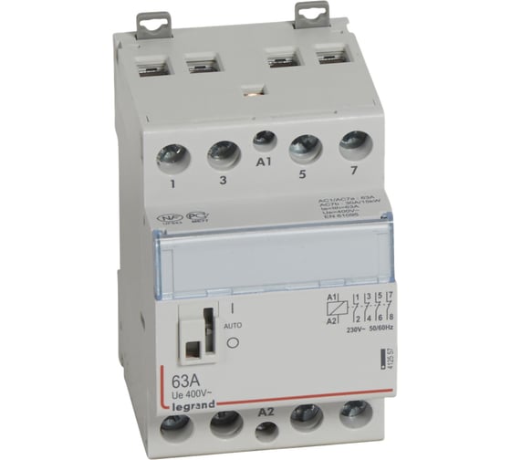 Контактор Legrand CX³ 4П 400 В~ с катушкой 230 В~ 63 A 4 Н.З. 3 модуля с рукояткой управления 412557