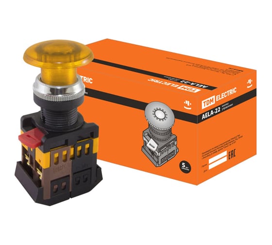 Кнопка TDM AELA-22, Грибок, желтый, d22мм, неон/230В, 1з 1р SQ0704-0034