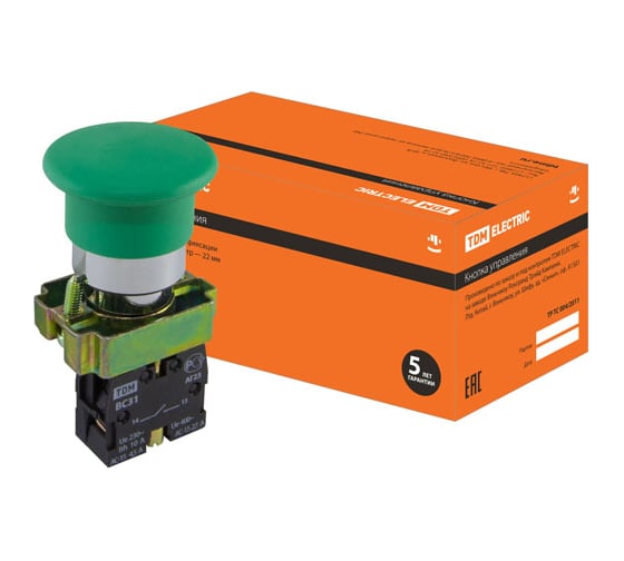 Кнопка TDM ELECTRIC BС31, Грибок, без подсветки, зеленый, 1з SQ0704-0043 1