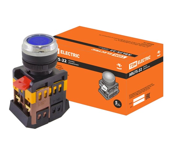 Кнопка TDM ABLFS-22, синий, d22мм, неон/230В, 1з 1р SQ0704-0011 1