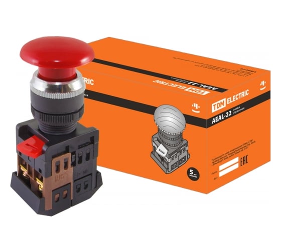 Кнопка TDM AEAL-22, Грибок, с фиксацией, красный, d22мм, 230В, 1з 1р SQ0704-0020