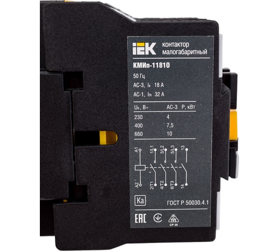 Контактор IEK КМИп-11810, 18А, 24В/АС3, 1НО, ИЭК, KMD11-018-024-10