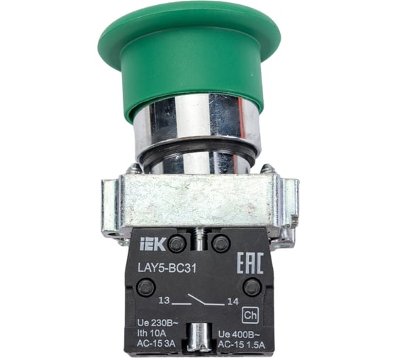 Кнопка управления IEK, LAY5-BC31, Грибок, без подсветки, 1з, ИЭК, зеленая BBG70-BC-K06 1