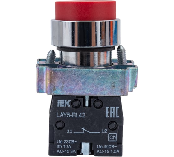 Кнопка управления IEK LAY5-BL42 без подсветки, красная, 1р, ИЭК BBT71-BL-K04