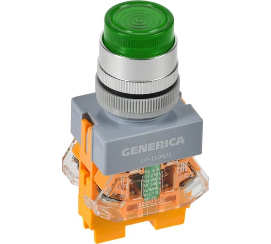Кнопка GENERICA D7-11DNZS d=22мм, 1NC+1NO, подсветка и фиксация, зеленый BBT50-11DNZS-3-11-K06-G 1