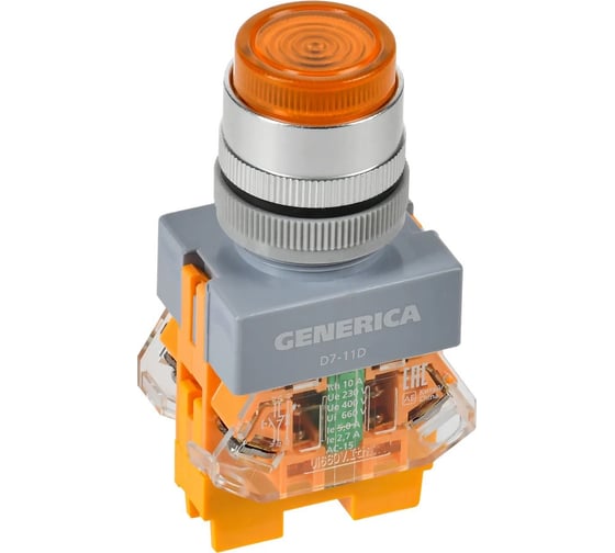 Кнопка GENERICA D7-11D d=22мм, 1NC+1NO, с подсветкой, желтый BBT50-11D-3-12-K05-G 1