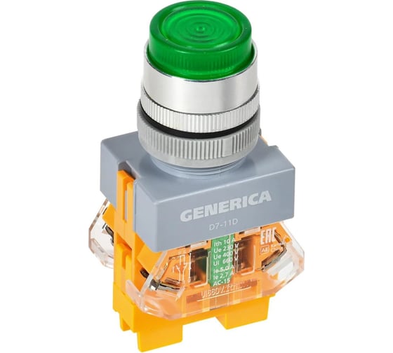Кнопка GENERICA D7-11D d=22мм 1NC+1NO с подсветкой, зеленый BBT50-11D-3-12-K06-G 1