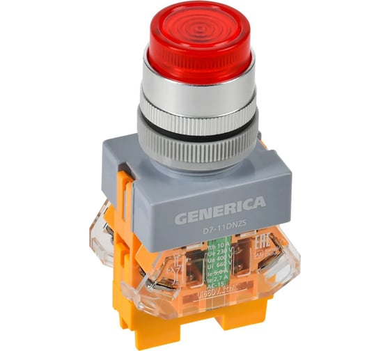 Кнопка GENERICA D7-11DNZS d=22мм, 1NC+1NO, подсветка и фиксация, красный BBT50-11DNZS-3-11-K04-G