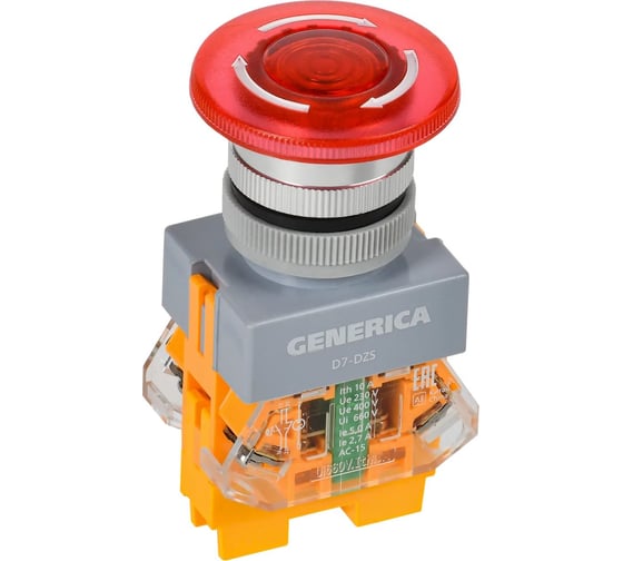 Кнопка GENERICA D7-DZS "Грибок" d=22 мм 1NC+1NO поворотная, с подсветкой и фиксацией, красная BBG50-11DZS-3-11-K04-G