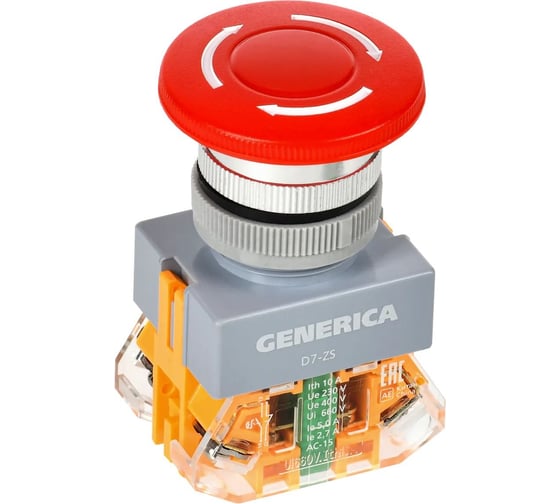 Кнопка GENERICA D7-ZS "Грибок" d=22 мм 1NC+1NO поворотная, с фиксацией, красная BBG50-11ZS-3-21-K04-G