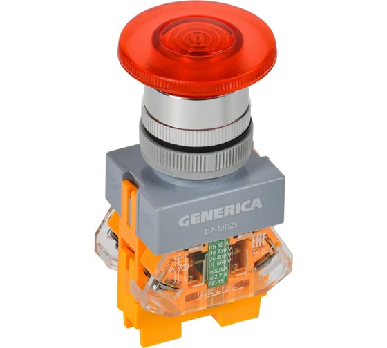 Кнопка GENERICA D7-MDZS "Грибок" d=22 мм 1NC+1NO с подсветкой и фиксацией, красная BBG50-11MDZS-3-11-K04-G 1
