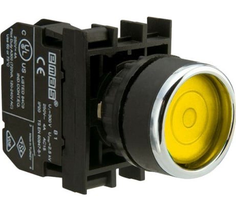 Нажимная кнопка Emas круглая жёлтая, с фиксацией, 1НО, серия B, 250В AC, 4А, B100FS