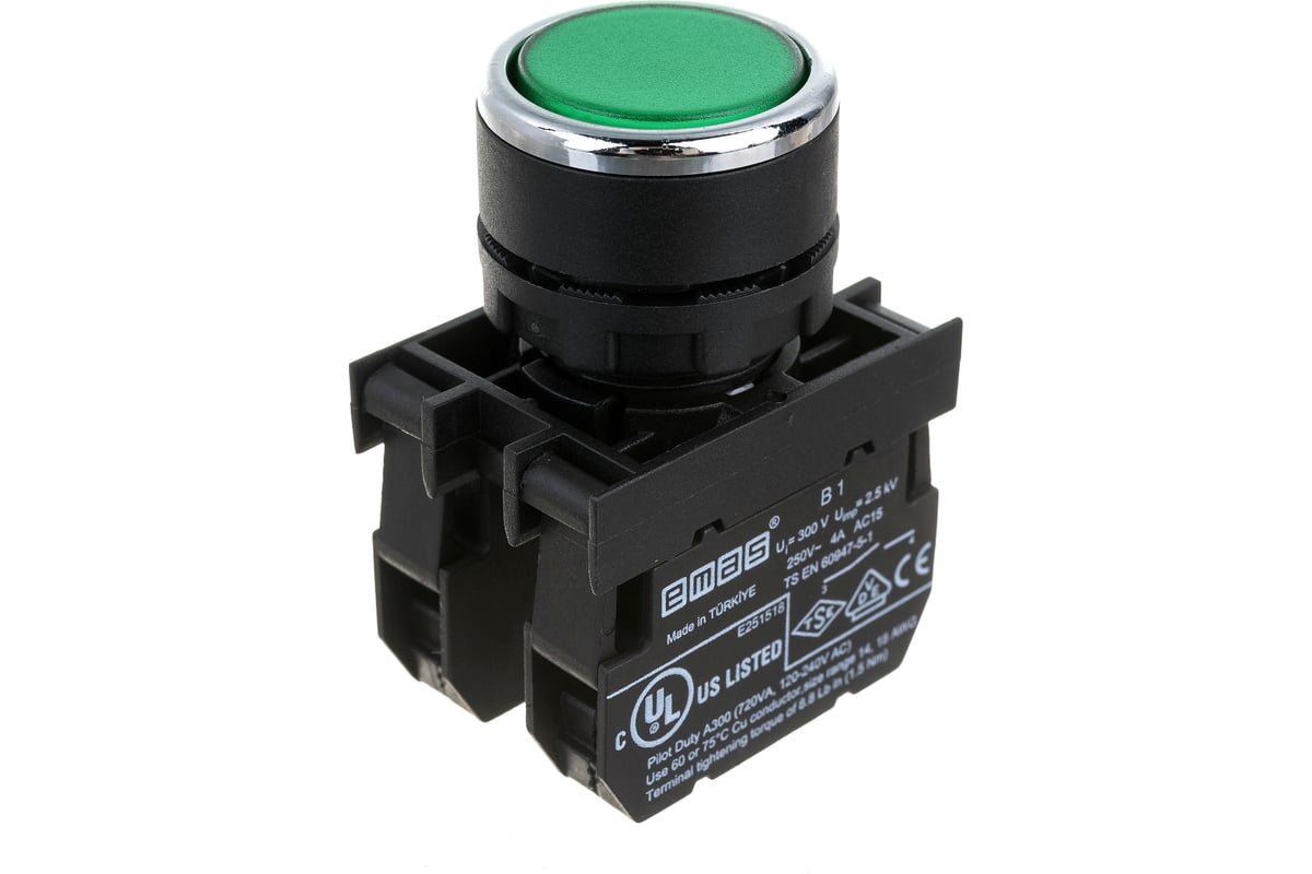 Нажимная кнопка Emas круглая зелёная, 1НО+1НЗ, серия B, 250В AC, 4А ...