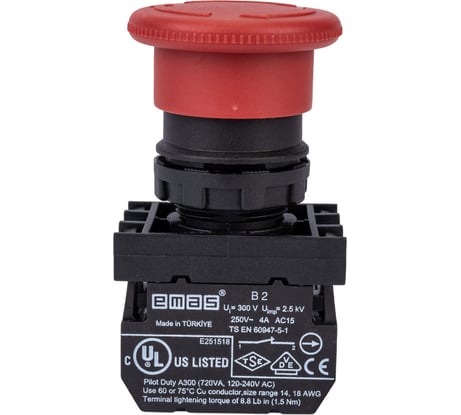 Аварийная кнопка Emas Грибок, возврат поворотом, 1НО+1НЗ, серия B, 250В AC, 4А B102E