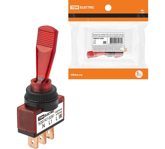 Выключатель-тумблер TDM ASW-13D 1P 12В AC/DC 20А (3c) ON-OFF с фиксацией с красной LED подсветкой SQ0747-0281