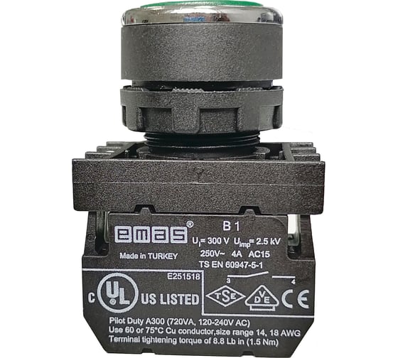 Нажимная круглая кнопка Emas зеленая, 250 В AC, 4 А,12-30 В AC/DC, B190DY