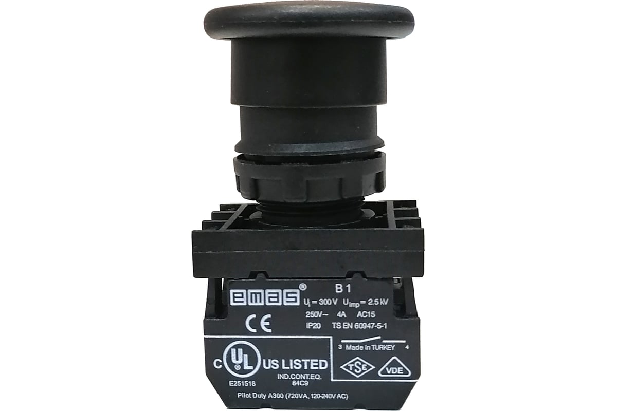 Нажимная кнопка Emas Грибок чёрная, без фиксации, 1НО+1НЗ, серия B ...