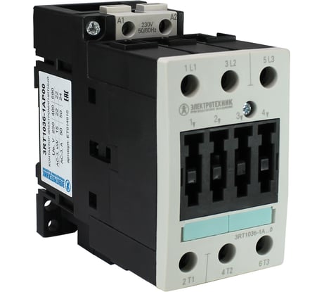 Контактор электромагнитный Электротехник 3RT1036-1AP00, 3-полюса, 50A, AC-3, 22кВт/400V, 230V AC, 50/60Гц, типоразмер S2, винтовые клеммы, IP20, ET014810