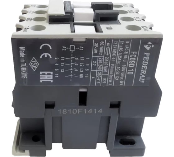 Контактор FEDERAL ELECTRIC 9DD-K3103-0009 FC-09D10 3P AC3:9A, AC1:25A, AC5a:12A, 440Vac Us:230Vac 1NO УТ-00002708