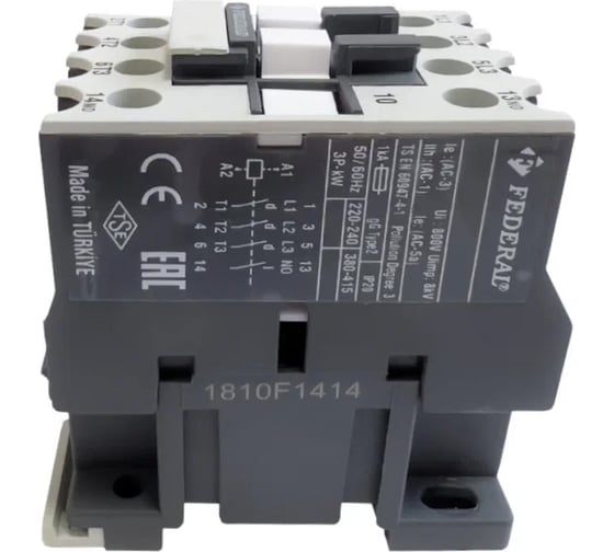 Контактор FEDERAL ELECTRIC 9DD-K3103-0018 FC-18D10 3P AC3:18A, AC1:32A, AC5a:25A, 440Vac Us:230Vac 1NO УТ-00002709