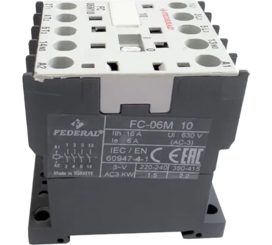 Контактор FEDERAL ELECTRIC 9DM-K3103-0006 FC-06M10 3P AC3:6A, AC5A:8A, 440Vac Us:230Vac 1NO УТ-00002715