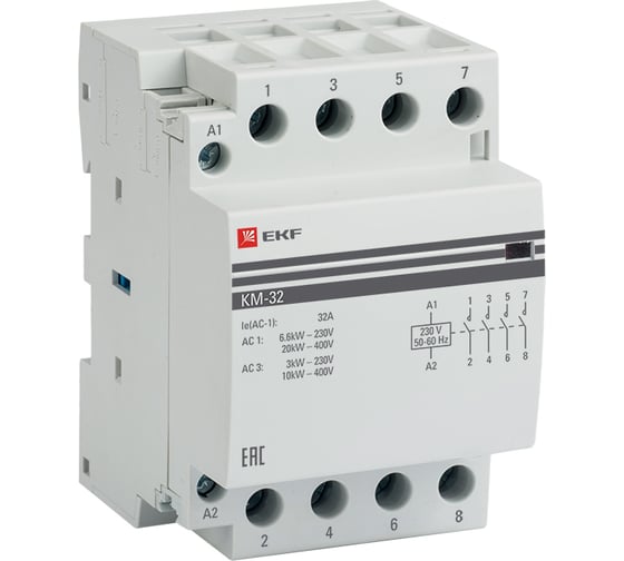 Модульный контактор EKF 32А, 3п, 220В, 2NO, КМ ЭКФ km-3-32-40