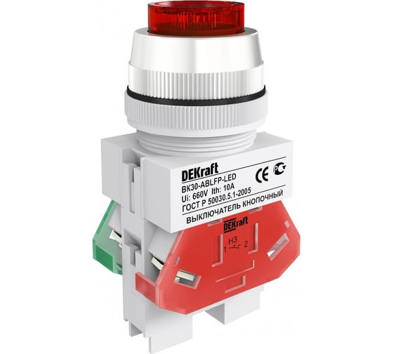 Выключатель кнопочный Dekraft ВК-30, 10 А, IP54, LED, красный 25048DEK