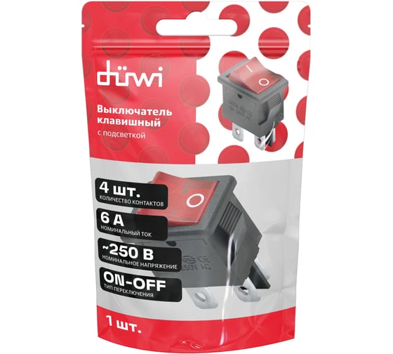 Клавишный выключатель duwi красный с подсветкой 4 контакта, 250В, 6А, тип RWB-207, SC-768, 26846 8
