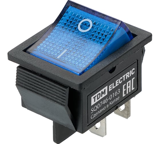 Выключатель клавишный TDM ELECTRIC KCD4-201N 250В AC/DC, 2P, 16А, (4с), ON-OFF, черный корпус, синяя клавиша c LED подсветкой TDM SQ0746-0163