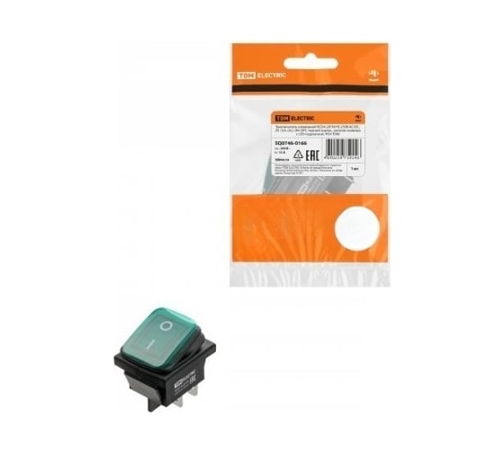 Выключатель клавишный TDM ELECTRIC KCD4-201N/HS 250В AC/DC, 2P, 15А, (4с), ON-OFF, черный корпус, зеленая клавиша, LED, IP54 TDM SQ0746-0166