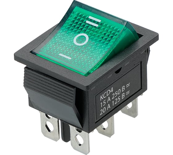 Переключатель клавишный TDM ELECTRIC KCD4-203N 250В AC/DC, 2P, 15А, (6с), ON-OFF-ON, с нейтралью, черный корпус, зеленая клавиша, LED TDM SQ0703-0052 1