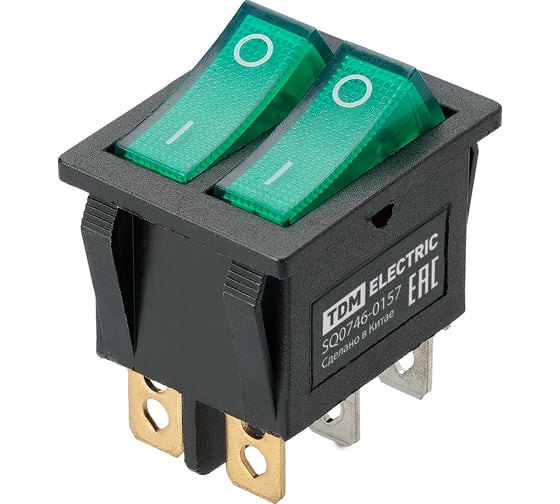 Выключатель клавишный TDM ELECTRIC KCD3-221N 250В AC/DC, 1P, 15А, (6с), ON-OFF, черный корпус, две зеленые клавиши, LED, TDM SQ0746-0157 1