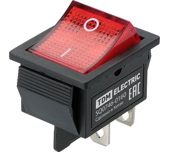 Выключатель клавишный TDM ELECTRIC KCD4-201N 250В AC/DC, 2P, 16А, (4с), ON-OFF черный корпус, красная клавиша с LED подсветкой TDM SQ0746-0160 1