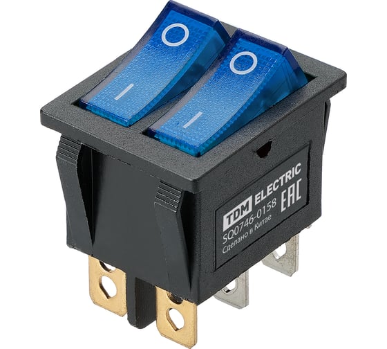 Выключатель клавишный TDM ELECTRIC KCD3-221N 250В AC/DC, 1P, 15А, (6с), ON-OFF, черный корпус, две синие клавиши, LED TDM SQ0746-0158 1