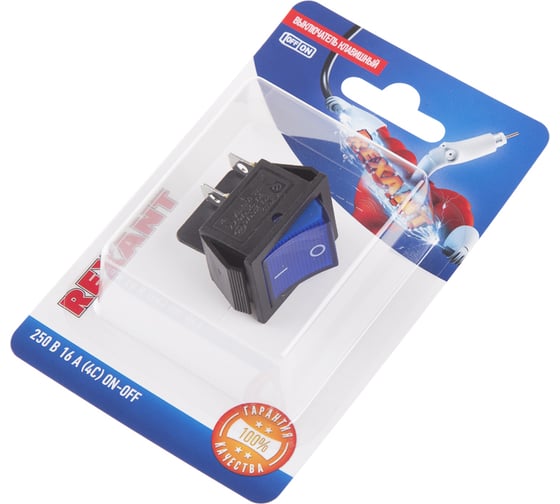 Выключатель клавишный REXANT 250V 16А (4с) ON-OFF синий с подсветкой (RWB-502, SC-767, IRS-201-1) (в упак. 1шт.) 06-0306-B