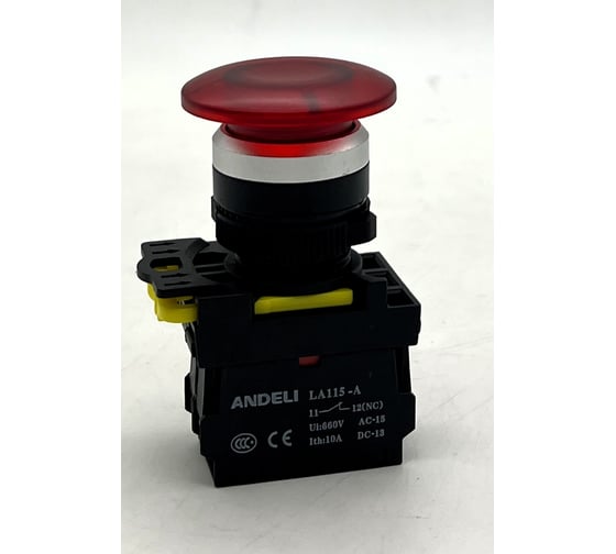 Кнопка ANDELI LA115-A5-01MD/11 Грибок красный 1НЗ AC220V (LED) ADL10-352