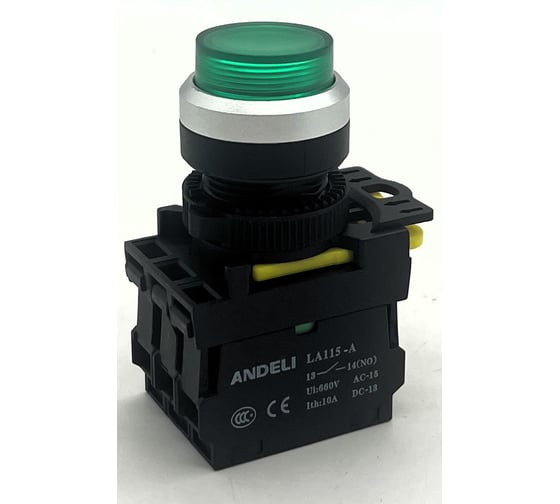 Кнопка ANDELI LA115-A5-11GND/3 зеленый 1НО+1НЗ AC220V (LED) ADL10-278