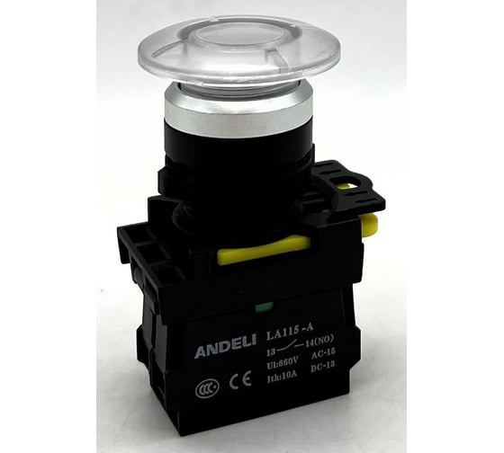 Кнопка ANDELI LA115-A5-11MD/13 Грибок зеленый 1НО+1НЗ AC220V (LED) ADL10-353