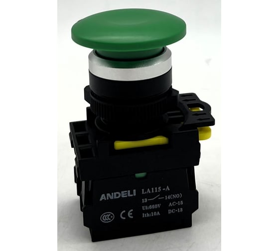 Кнопка ANDELI LA115-A5-11M/13 Грибок зеленый 1НО+1НЗ ADL10-348 1
